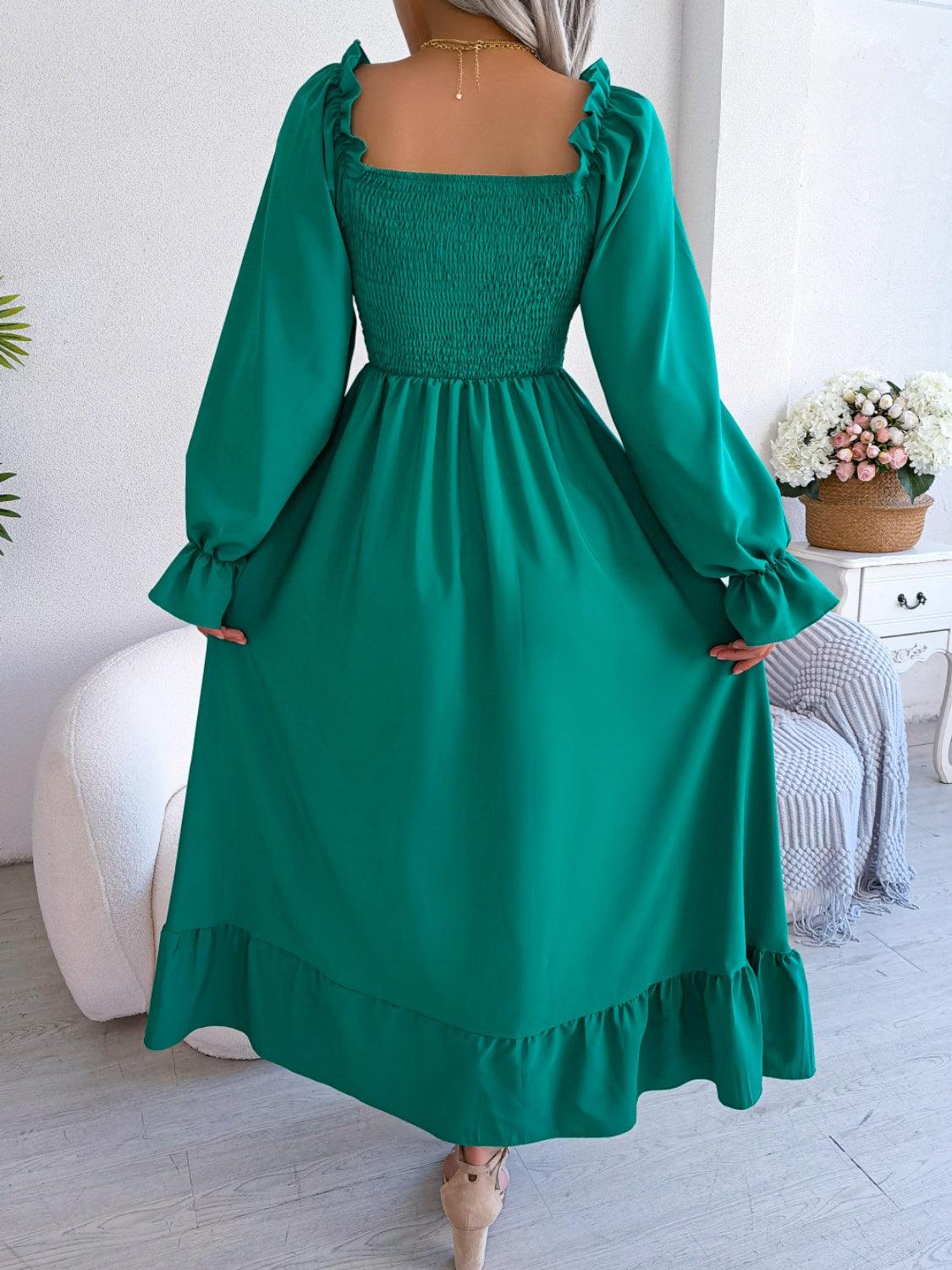 Smocked Square Neck Flounce Sleeve Dress Carauana Store