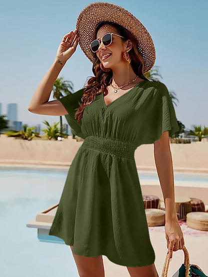 Smocked V-Neck Short Sleeve Dress Carauana Store