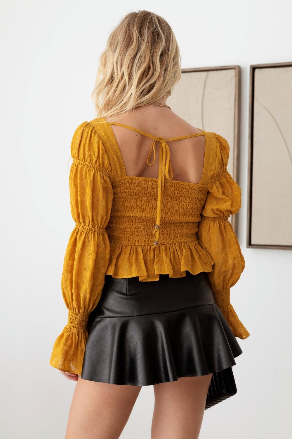 Mustard Seed Boho Shirred Smocked Peplum Long Sleeve Top Carauana Store