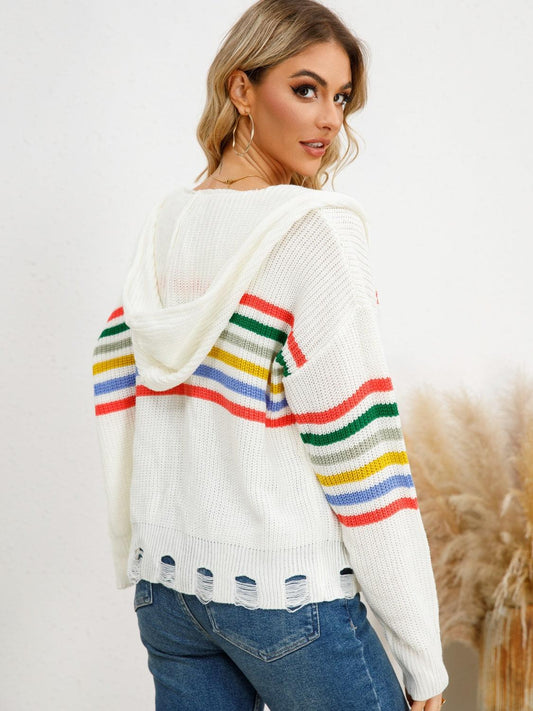 Drawstring Striped Dropped Shoulder Hooded Cardigan Carauana Store