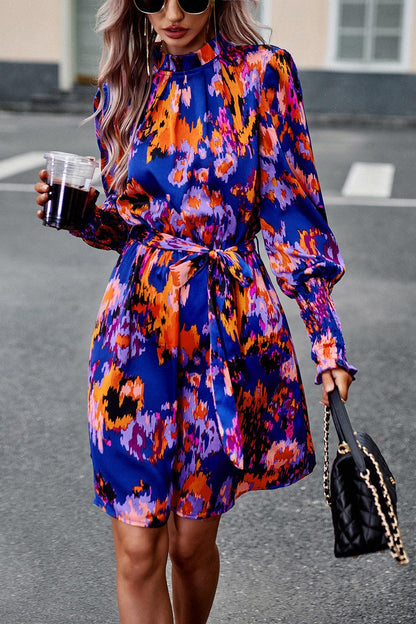 Printed Tie Waist Mock Neck Lantern Sleeve Dress Carauana Store