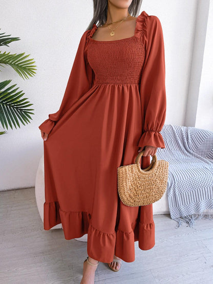 Smocked Square Neck Flounce Sleeve Dress Carauana Store