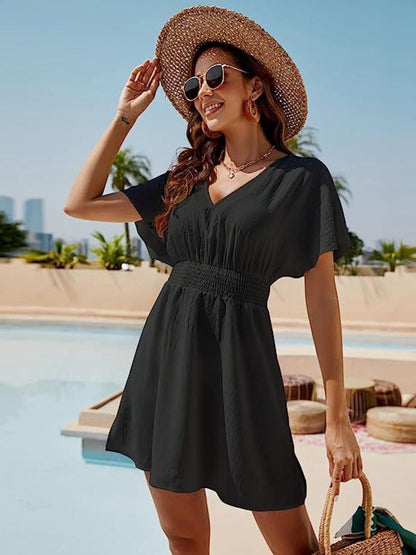 Smocked V-Neck Short Sleeve Dress Carauana Store