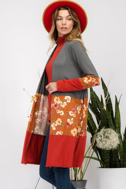 Celeste Full Size Floral Color Block Open Front Cardigan Carauana Store