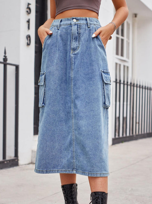 Slit Buttoned Denim Skirt with Pockets Carauana Store