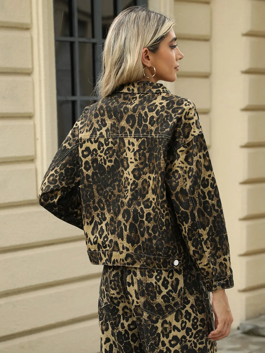 Pocketed Leopard Long Sleeve Denim Jacket Carauana Store