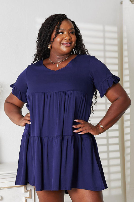 Double Take V-Neck Flounce Sleeve Tiered Dress Carauana Store