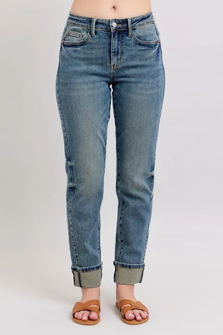 Judy Blue Full Size Mid Rise Vintage Wash Double Roll Cuff Boyfriend Jeans Plus Size