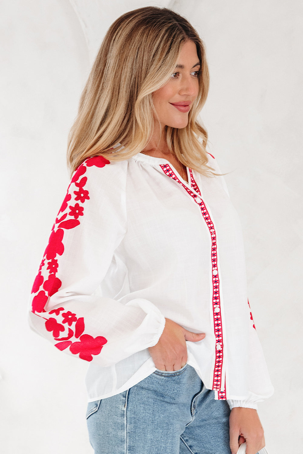 White Floral Embroidered Puff Long Sleeve Casual Shirt