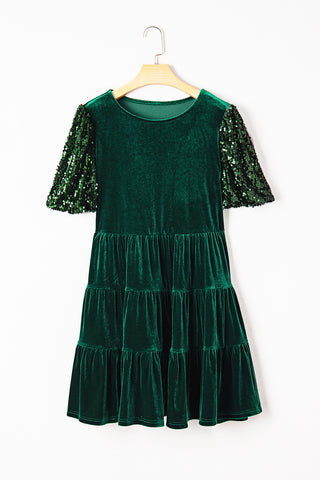 Evergreen Sequin Puff Sleeve High Waist Tiered Velvet Mini Dress