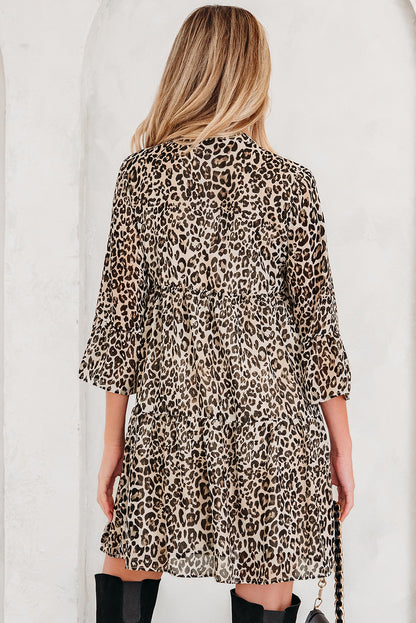 Khaki Leopard 3/4 Sleeve V Neck Swing Dress