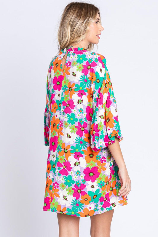 GeeGee Full Size Floral Round Neck Lantern Sleeve Mini Dress Carauana Store