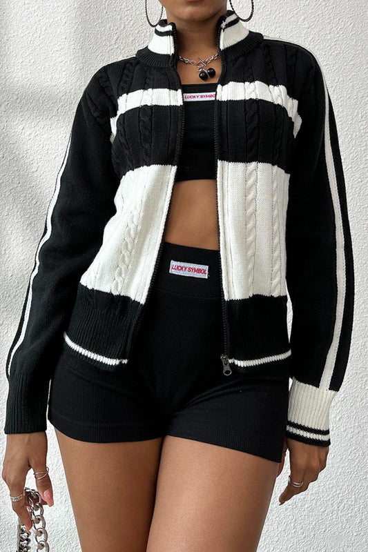 Cable-Knit Color Block Raglan Sleeve Cardigan Carauana Store