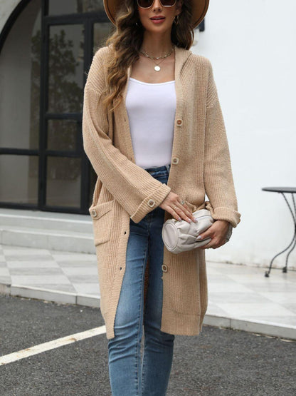 Pocketed Button Up Long Sleeve Hooded Cardigan Carauana Store