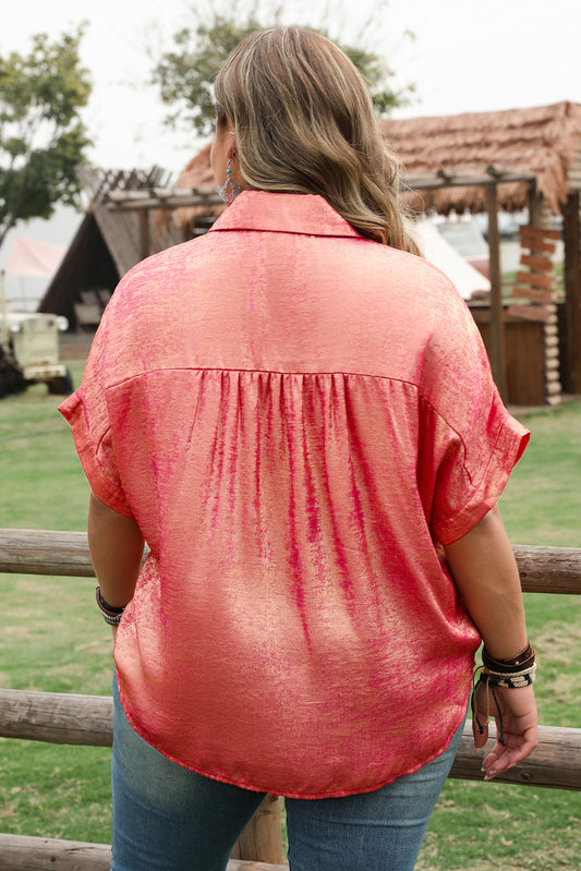 Rose Red Plus Size Metallic Sheen Short Sleeve Button Up Shirt