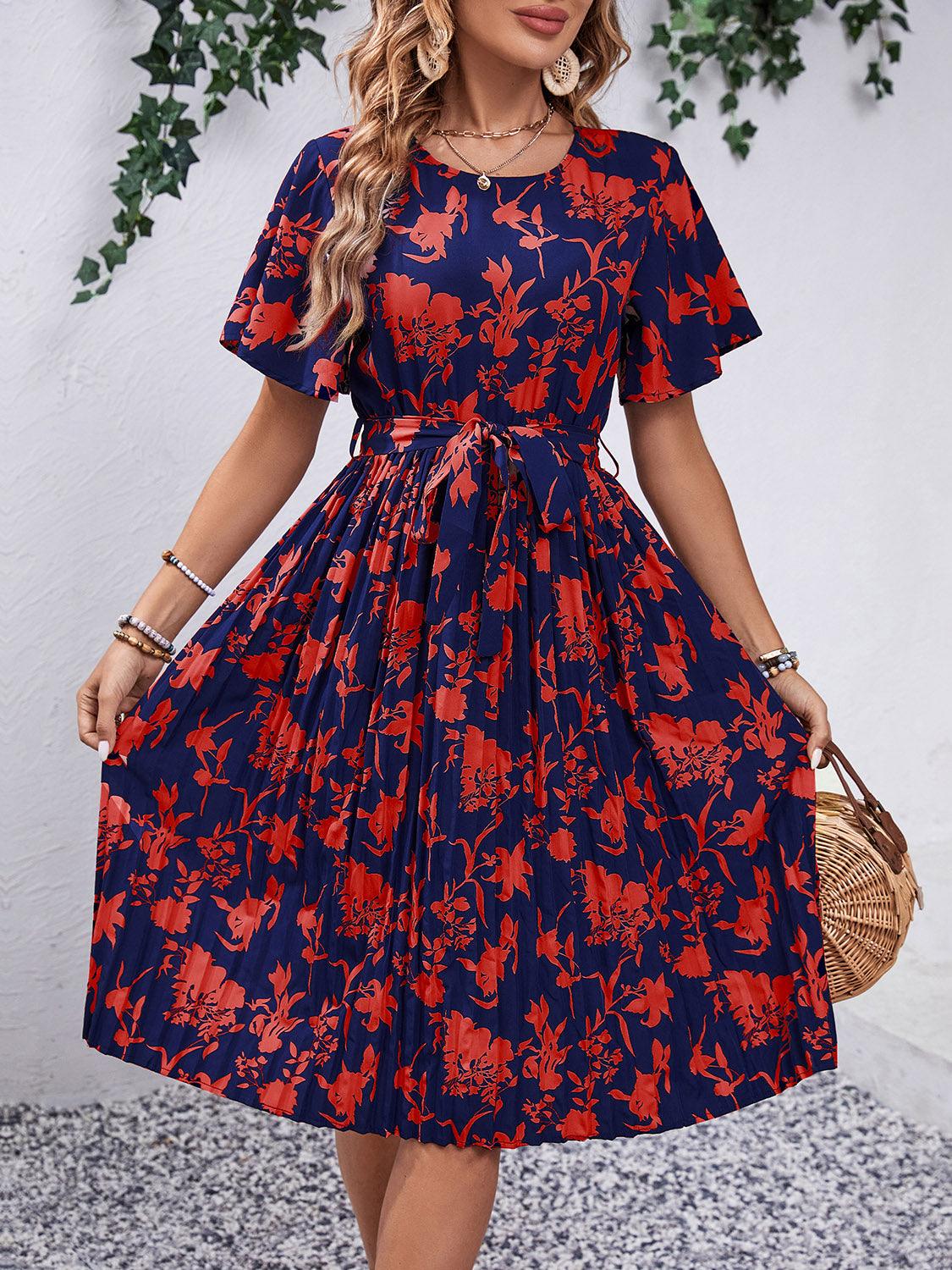 Printed Round Neck Short Sleeve Dress Carauana Store