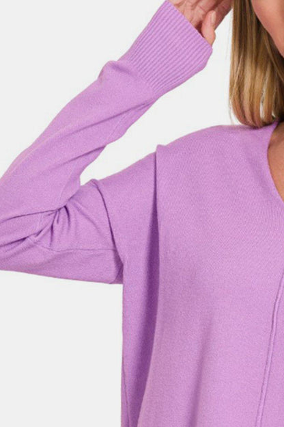 Zenana Slit V-Neck Dropped Shoulder Sweater Carauana Store