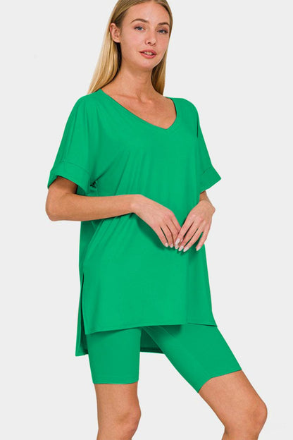 Zenana V-Neck Short Sleeve T-Shirt and Biker Shorts Set Carauana Store