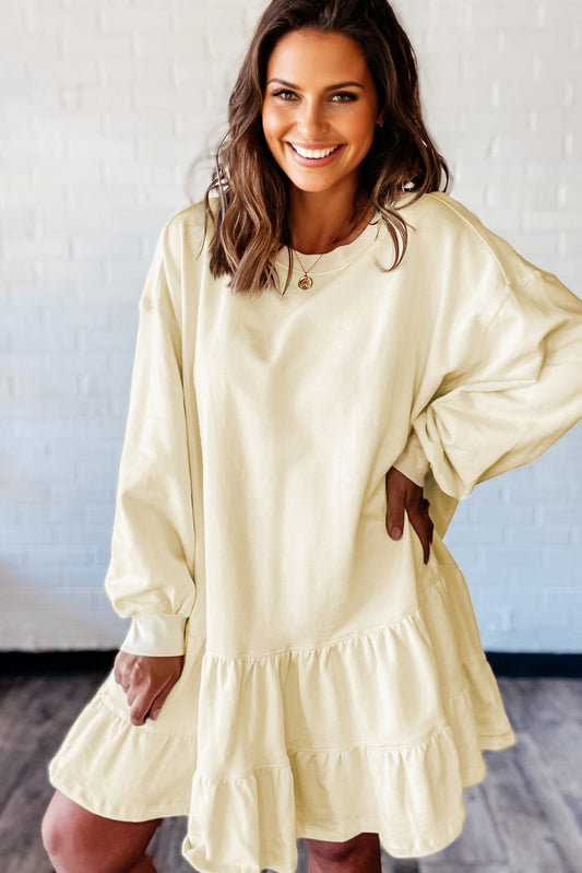 Beige Double Tiered Ruffle Hem Long Sleeve Loose Mini Dress