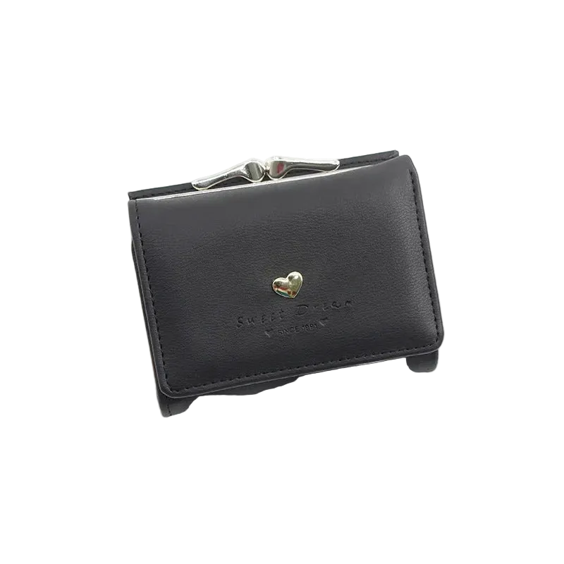 Black wallet with a gold heart emblem on a white surface