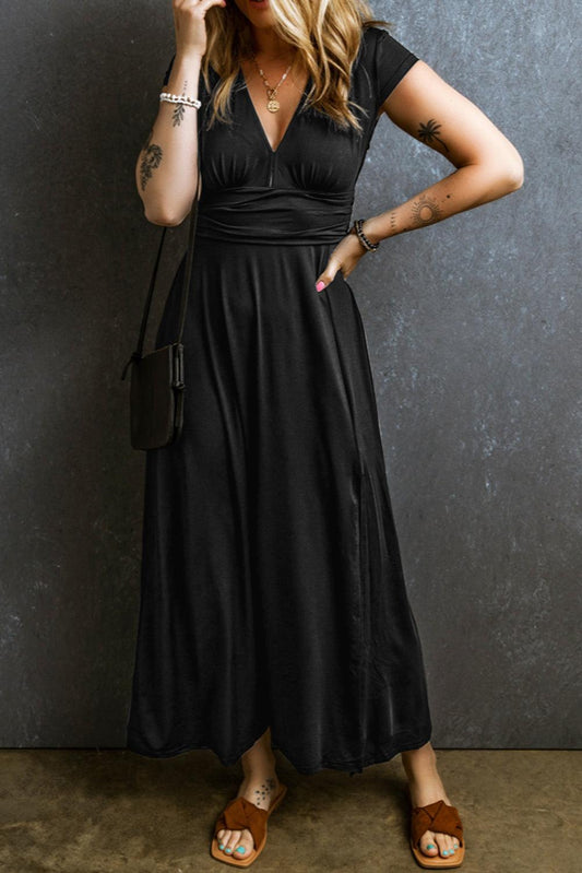 Smocked V-Neck Short Sleeve Dress Carauana Store