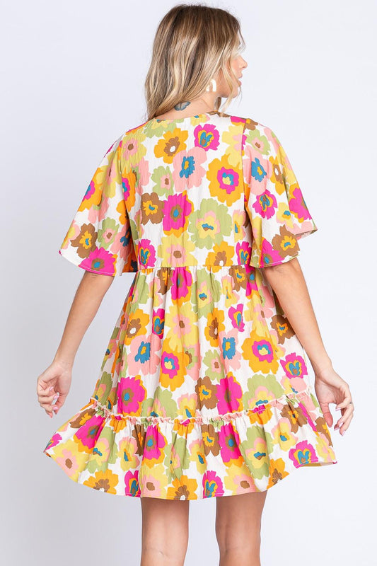GeeGee Floral V-Neck Ruffle Hem Mini Dress Carauana Store