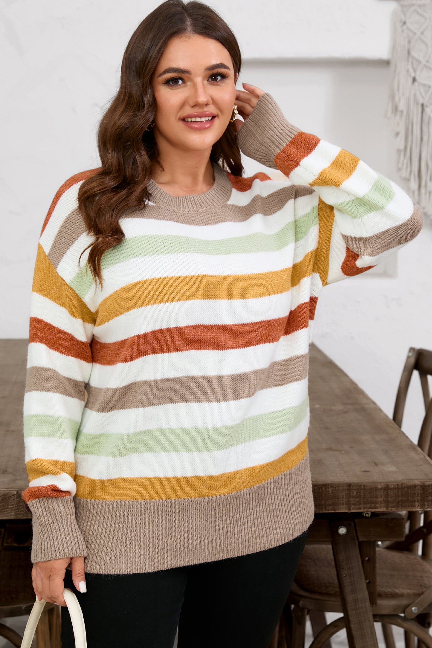 Multicolour Striped Colorblock Drop Shoulder Plus Size Sweater