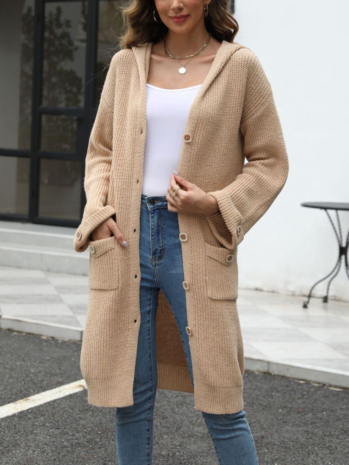 Pocketed Button Up Long Sleeve Hooded Cardigan Carauana Store