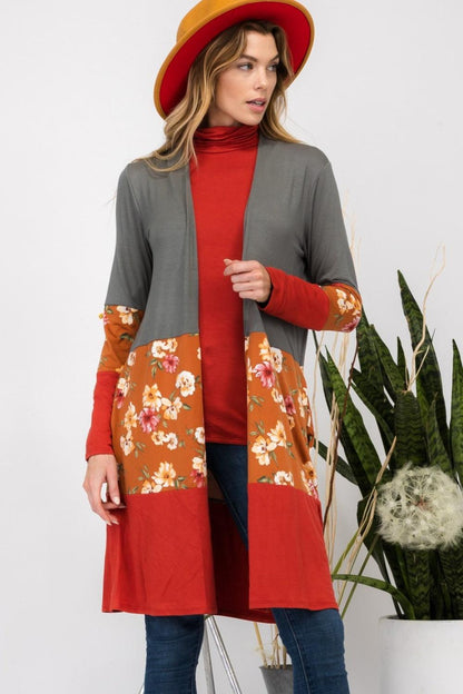 Celeste Full Size Floral Color Block Open Front Cardigan Carauana Store