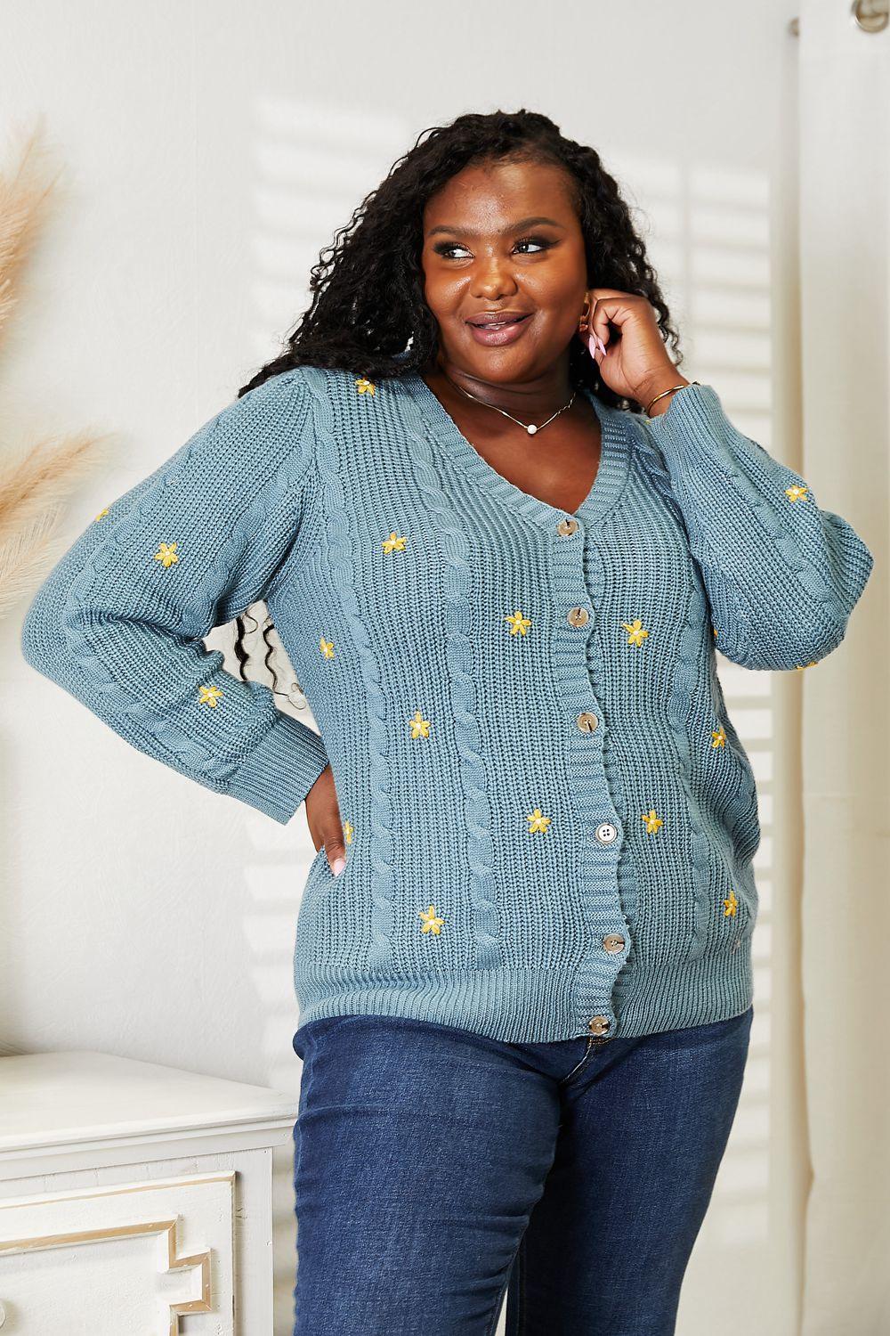 HEYSON Full Size Floral Embroidered Cable Cardigan Carauana Store