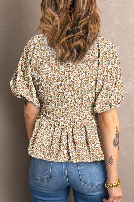 Floral Print Puff Sleeve Smocked Top