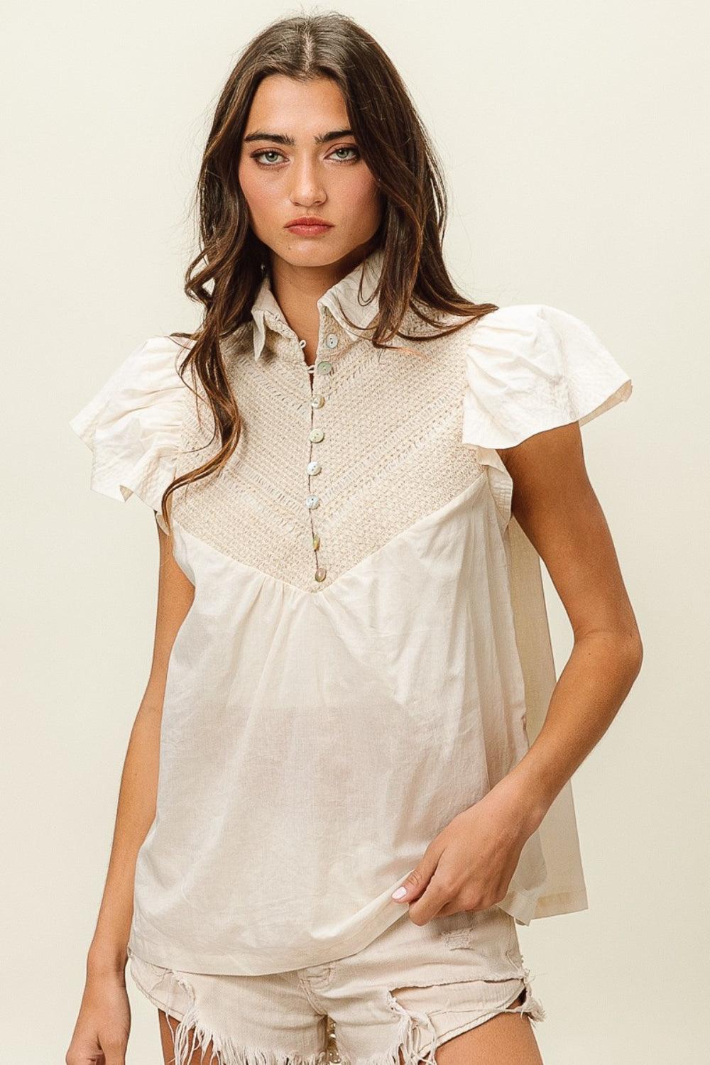 BiBi Half Button Collared Neck Short Sleeve Top Carauana Store