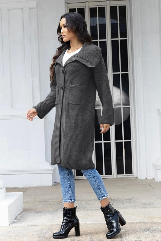 Pocketed Button Up Collared Neck Cardigan Carauana Store