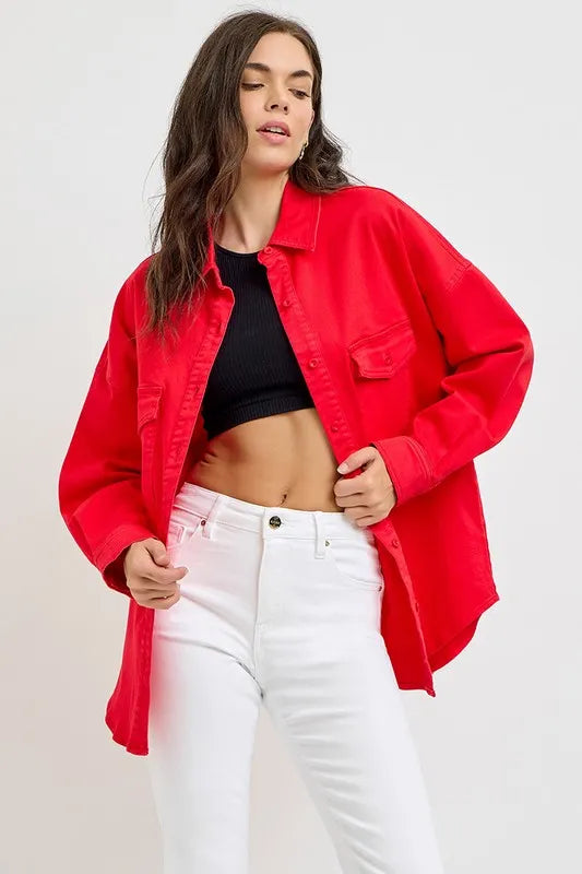RISEN Button Down Long Sleeve Denim Shacket with Chest Pockets Carauana Store