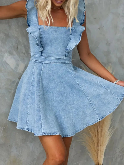 Ruffled Square Neck Denim Mini Dress