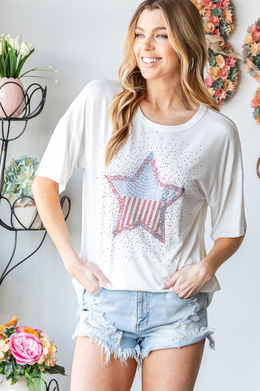 Heimish Full Size Star Patch Short Sleeve T-Shirt Carauana Store
