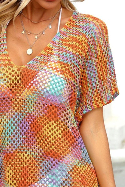 Openwork Contrast Short Sleeve Cover-Up Carauana Store