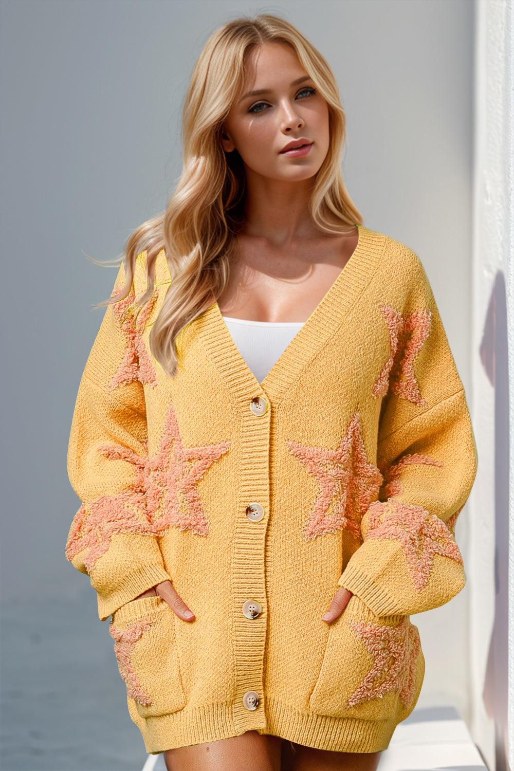Double Take Full Size Button Up Star Pattern Cardigan Carauana Store