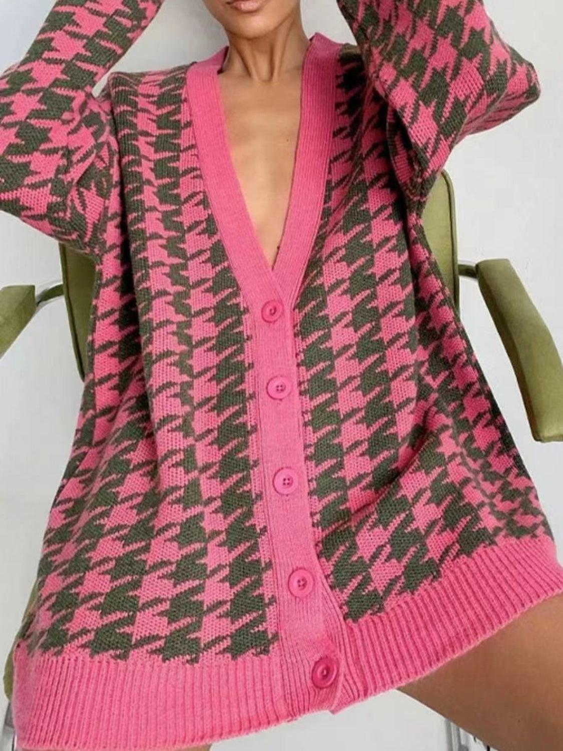 Houndstooth Button Up Long Sleeve Cardigan Carauana Store
