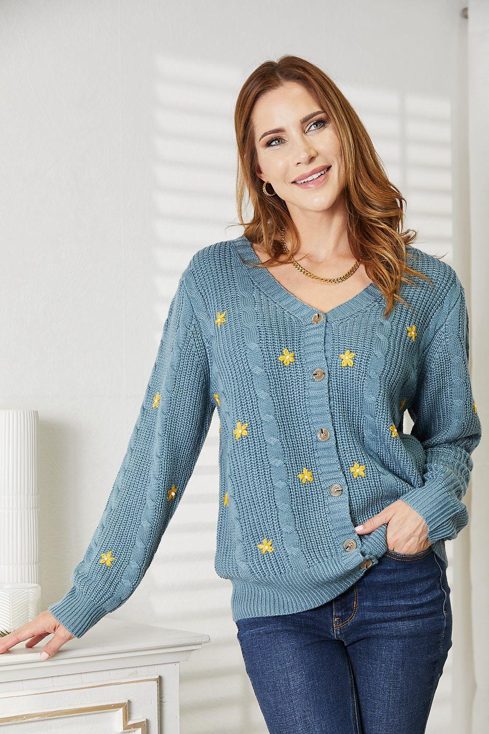 HEYSON Full Size Floral Embroidered Cable Cardigan Carauana Store