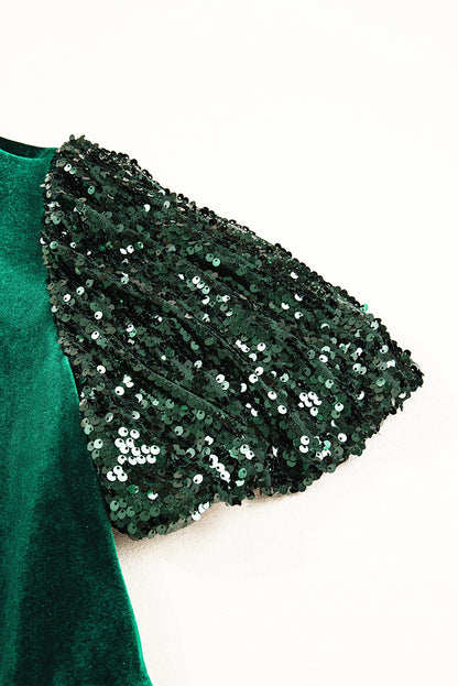 Evergreen Sequin Puff Sleeve High Waist Tiered Velvet Mini Dress