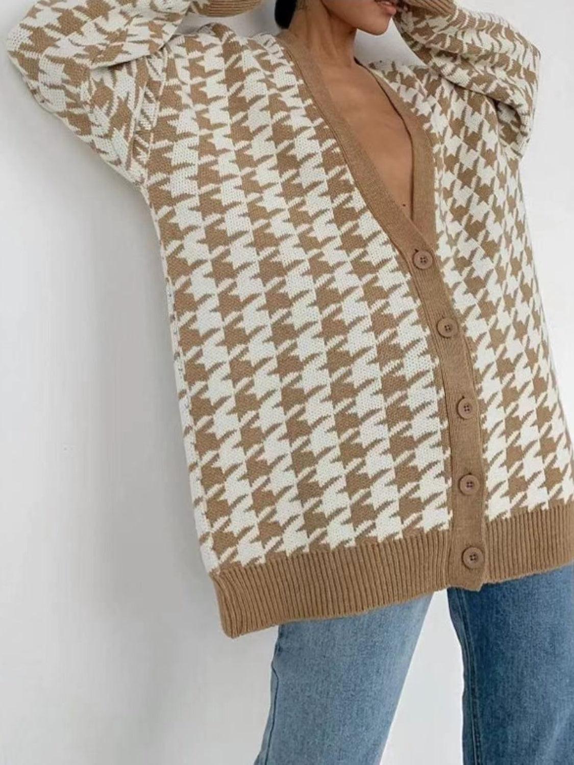 Houndstooth Button Up Long Sleeve Cardigan Carauana Store