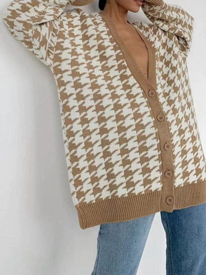 Houndstooth Button Up Long Sleeve Cardigan Carauana Store