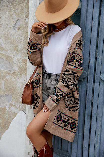 Angel Wings Pocketed Geometric Open Front Dropped Shoulder Cardigan Carauana Store