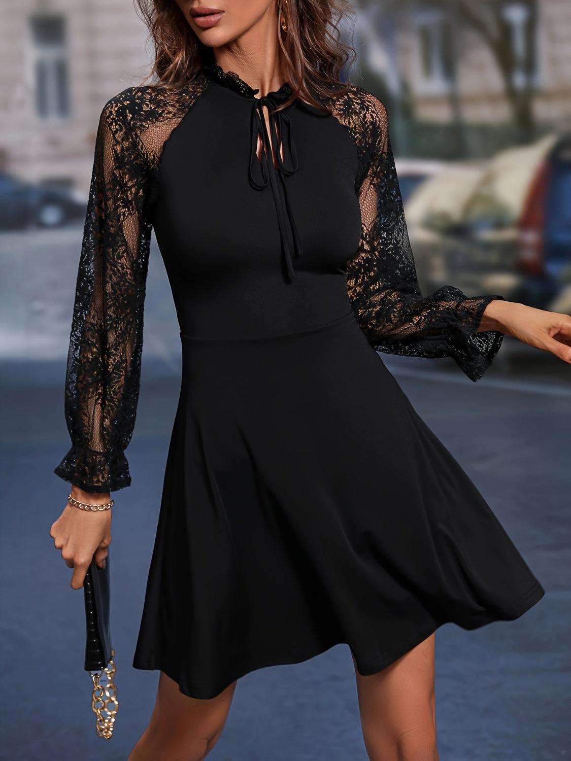 Lace Tie Neck Flounce Sleeve Dress Carauana Store