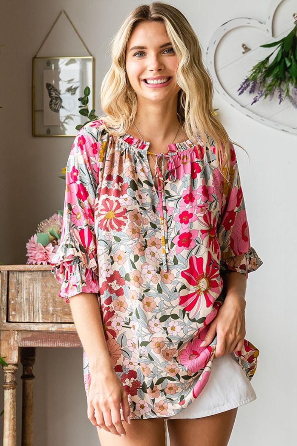 First Love Printed Tie Neck Flounce Sleeve Blouse Carauana Store
