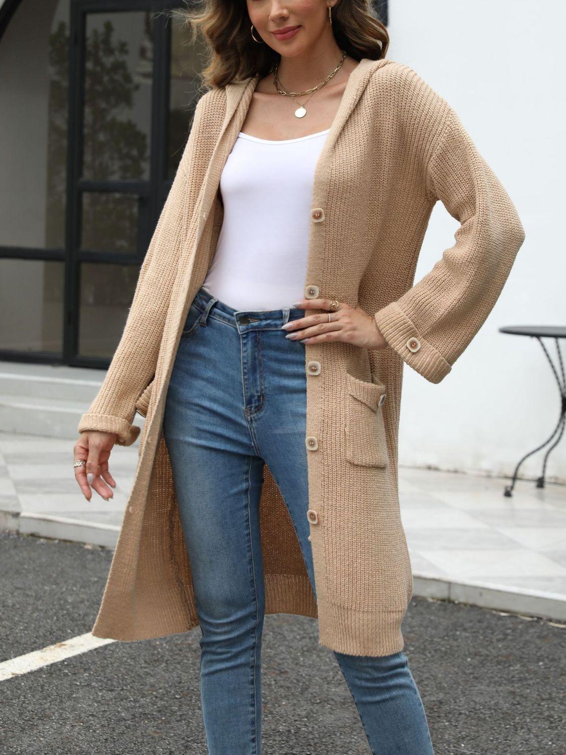 Pocketed Button Up Long Sleeve Hooded Cardigan Carauana Store