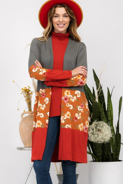 Celeste Full Size Floral Color Block Open Front Cardigan Carauana Store