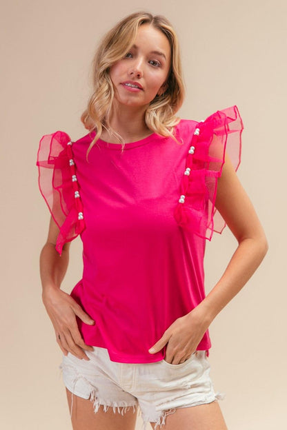 BiBi Pearl Decor Mesh Ruffle Sleeve Top Carauana Store