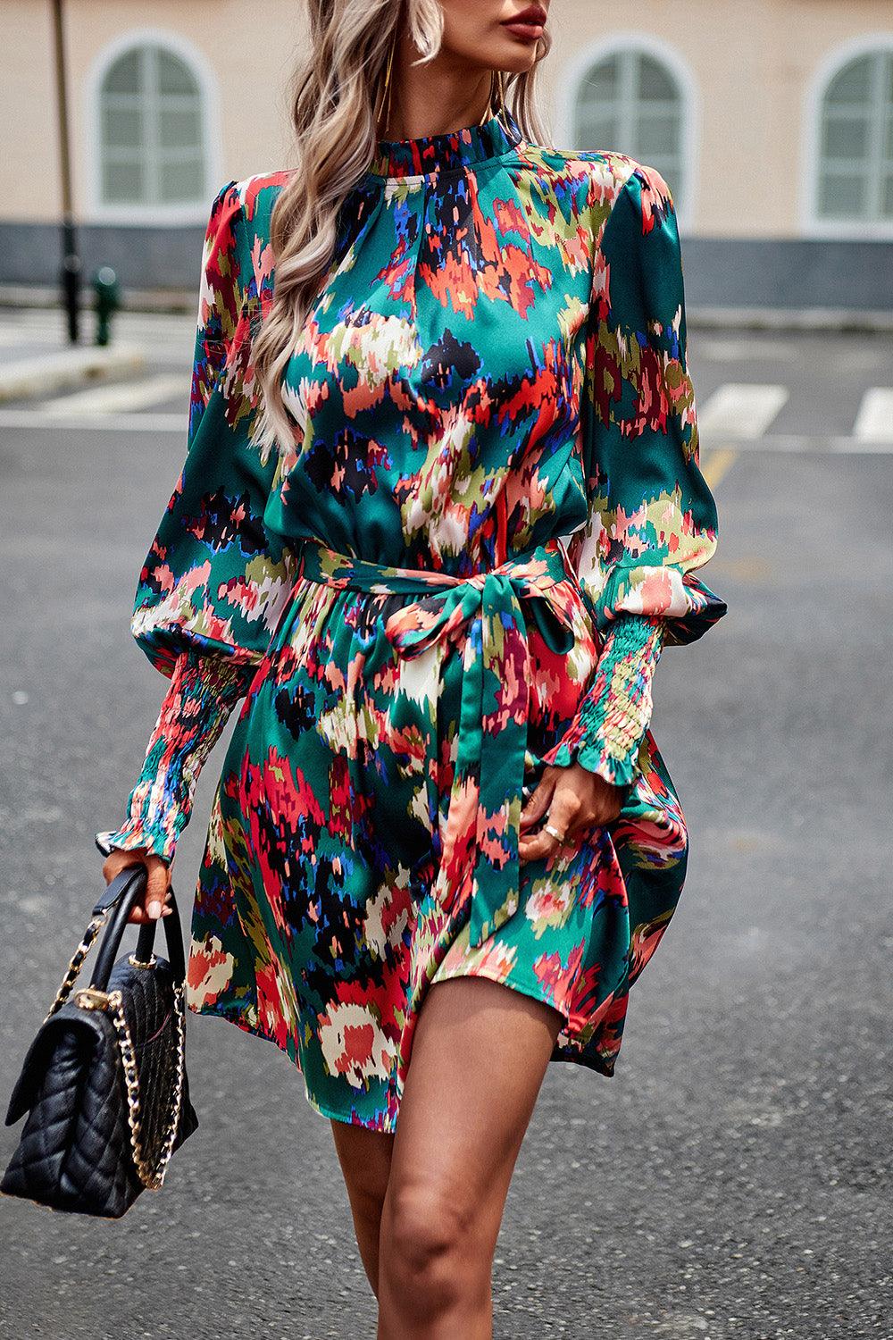 Printed Tie Waist Mock Neck Lantern Sleeve Dress Carauana Store